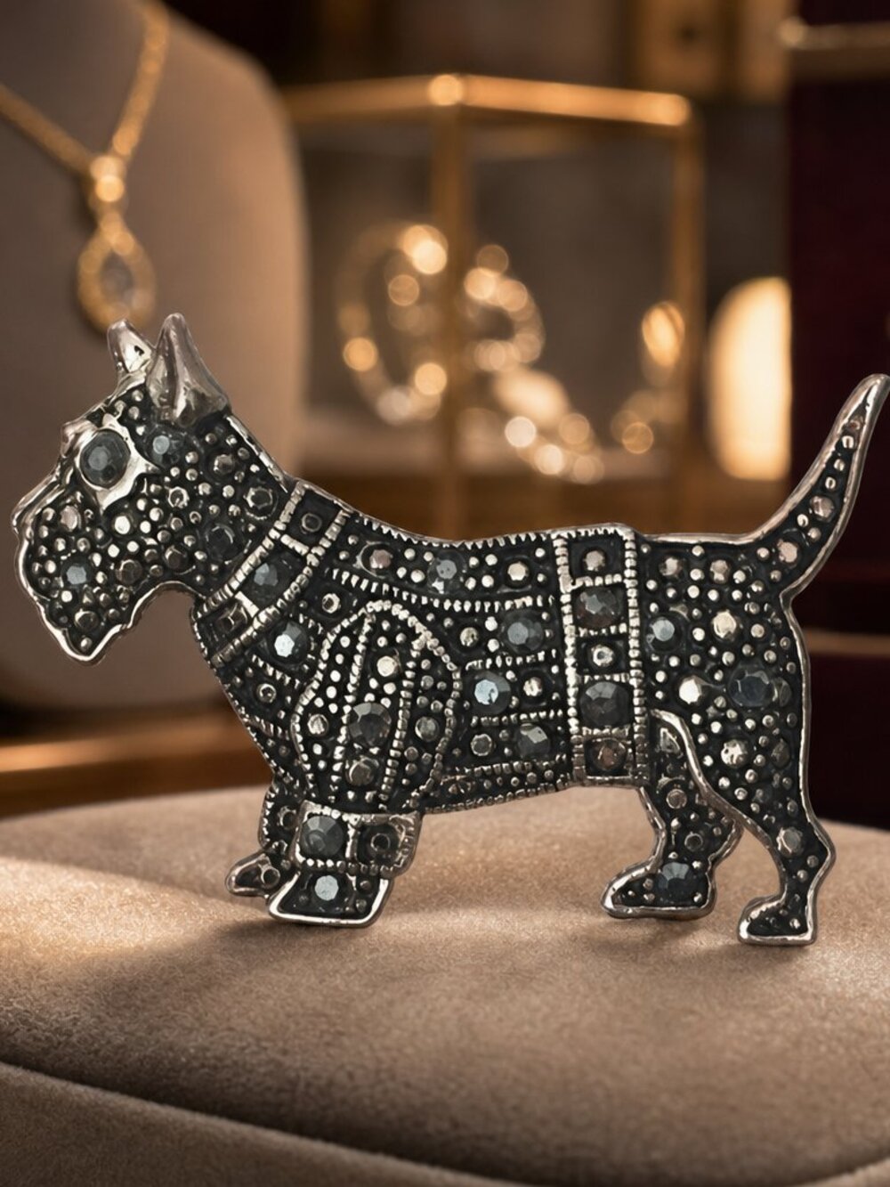 Scottie Terrier Marcasite and Rose Gold Tone Pin